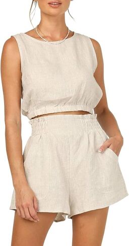 Eurivicy Women's 2pcs Summer Outfits Sleeveless Crop Tank Top and High Waist Pocketed Shorts Loose 2 Piece Short Sets in Saudi Arabia