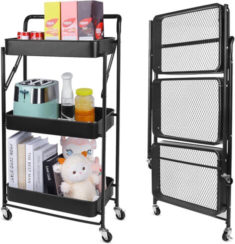 3 Tier Foldable Rolling Cart, Metal Utility Cart with Lockable Wheels, Folding Storage Cart for Living Room, Kitchen, Bathroom, Bedroom and Office, Black in Saudi Arabia