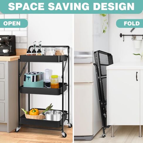 3 Tier Foldable Rolling Cart, Metal Utility Cart with Lockable Wheels, Folding Storage Cart for Living Room, Kitchen, Bathroom, Bedroom and Office, Black in Saudi Arabia
