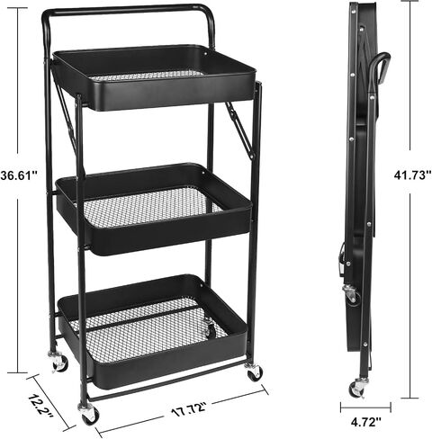 3 Tier Foldable Rolling Cart, Metal Utility Cart with Lockable Wheels, Folding Storage Cart for Living Room, Kitchen, Bathroom, Bedroom and Office, Black in Saudi Arabia