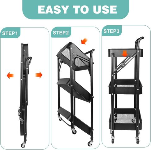 3 Tier Foldable Rolling Cart, Metal Utility Cart with Lockable Wheels, Folding Storage Cart for Living Room, Kitchen, Bathroom, Bedroom and Office, Black in Saudi Arabia