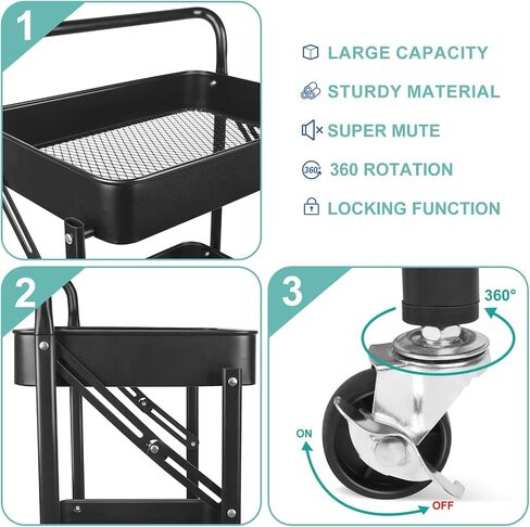 3 Tier Foldable Rolling Cart, Metal Utility Cart with Lockable Wheels, Folding Storage Cart for Living Room, Kitchen, Bathroom, Bedroom and Office, Black in Saudi Arabia