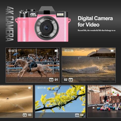 كاميرات رقمية 4K للتصوير الفوتوغرافي، كاميرا فيديو/مدونات فيديو لليوتيوب مع واي فاي والتحكم في التطبيقات، كاميرا سفر مع بطاقة TF سعة 32 جيجابايت وبطاريتين، كاميرا مدمجة، اختيار هدية رائع، وردي in Kuwait