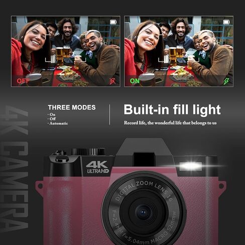 كاميرات رقمية 4K للتصوير الفوتوغرافي، كاميرا فيديو/مدونات فيديو لليوتيوب مع واي فاي والتحكم في التطبيقات، كاميرا سفر مع بطاقة TF سعة 32 جيجابايت وبطاريتين، كاميرا مدمجة، اختيار هدية رائع، وردي in Kuwait