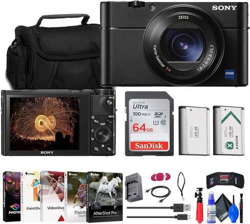 كاميرا سوني سايبر شوت DSC-RX100 VA الرقمية (DSC-RX100M5A/B) + حافظة + بطاقة 64 جيجابايت + بطارية NP-BX1 + قارئ بطاقات + برنامج Corel للصور + شاحن + حامل ثلاثي القوائم مرن + محفظة ذاكرة + المزيد (متجددة) in Saudi Arabia