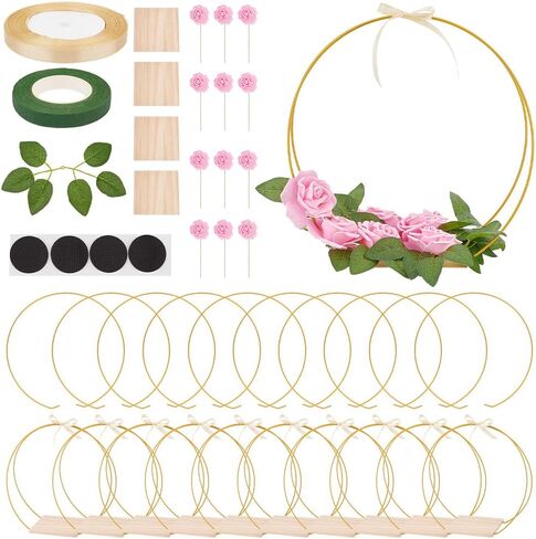OLYCRAFT 10 Pcs 12 Inch Metal Floral Hoop Centerpiece with 10 Pcs Wood Holder Stand 40Pcs Foam Rose 40Pcs Artificial Rose Leaves 40Pcs Foam Self-adhesive Pads for Wedding Table Decorations in Saudi Arabia