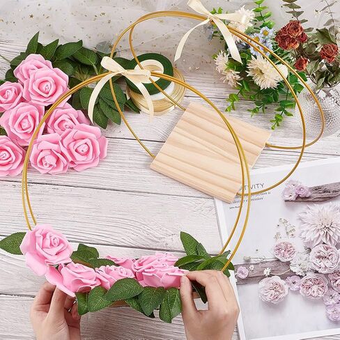 OLYCRAFT 10 Pcs 12 Inch Metal Floral Hoop Centerpiece with 10 Pcs Wood Holder Stand 40Pcs Foam Rose 40Pcs Artificial Rose Leaves 40Pcs Foam Self-adhesive Pads for Wedding Table Decorations in Saudi Arabia