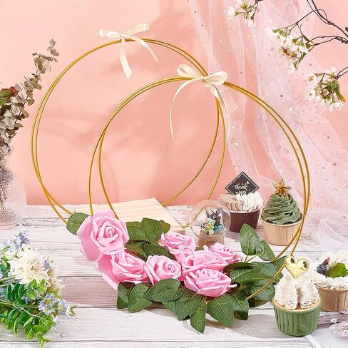 OLYCRAFT 10 Pcs 12 Inch Metal Floral Hoop Centerpiece with 10 Pcs Wood Holder Stand 40Pcs Foam Rose 40Pcs Artificial Rose Leaves 40Pcs Foam Self-adhesive Pads for Wedding Table Decorations in Saudi Arabia