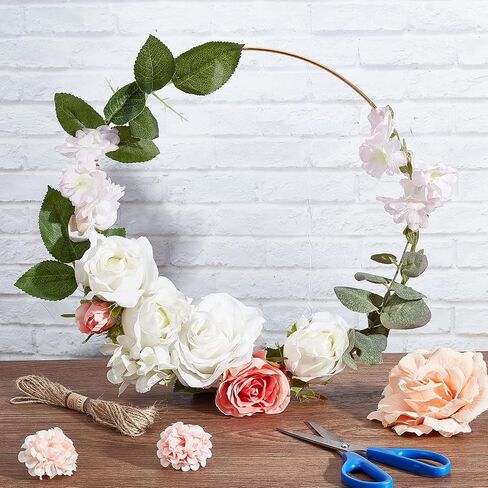 OLYCRAFT 10 Pcs 12 Inch Metal Floral Hoop Centerpiece with 10 Pcs Wood Holder Stand 40Pcs Foam Rose 40Pcs Artificial Rose Leaves 40Pcs Foam Self-adhesive Pads for Wedding Table Decorations in Saudi Arabia