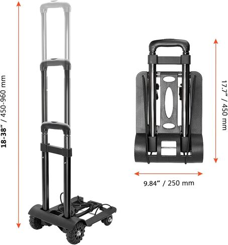 SINJEUN Black Folding Luggage Cart, 88 Lbs 40 KG Heavy Duty Folding 4 Wheels Hand Truck, Portable Fold Up Dolly with Bungee Cord and Backpack, Solid Construction Utility Cart in Saudi Arabia