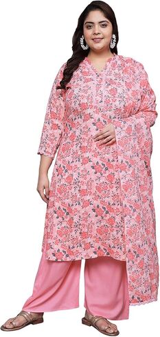 Tissu Mother's Day Gifts Women's Plus Size Peach Floral Printed Kurta With Palazzo & Dupatta in Saudi Arabia