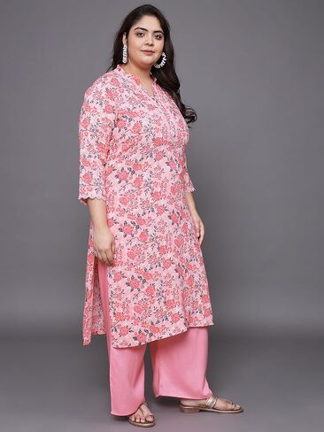 Tissu Mother's Day Gifts Women's Plus Size Peach Floral Printed Kurta With Palazzo & Dupatta in Saudi Arabia