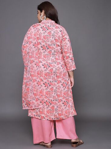 Tissu Mother's Day Gifts Women's Plus Size Peach Floral Printed Kurta With Palazzo & Dupatta in Saudi Arabia