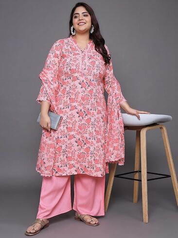 Tissu Mother's Day Gifts Women's Plus Size Peach Floral Printed Kurta With Palazzo & Dupatta in Saudi Arabia