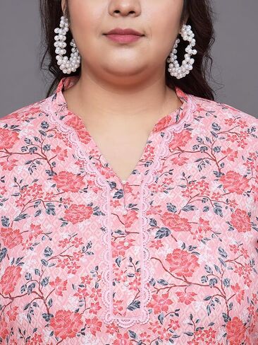 Tissu Mother's Day Gifts Women's Plus Size Peach Floral Printed Kurta With Palazzo & Dupatta in Saudi Arabia