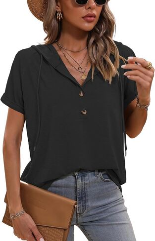 Hoodies for Women Trendy Short Sleeve Button Front V Neck Pullover Tunic Tops Fashion Clothing 2024 in Saudi Arabia