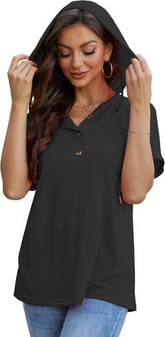 Hoodies for Women Trendy Short Sleeve Button Front V Neck Pullover Tunic Tops Fashion Clothing 2024 in Saudi Arabia
