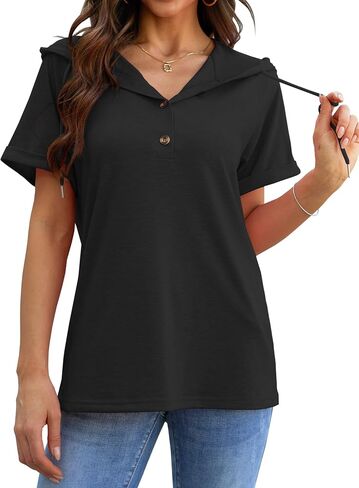 Hoodies for Women Trendy Short Sleeve Button Front V Neck Pullover Tunic Tops Fashion Clothing 2024 in Saudi Arabia