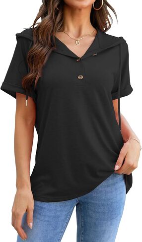 Hoodies for Women Trendy Short Sleeve Button Front V Neck Pullover Tunic Tops Fashion Clothing 2024 in Saudi Arabia