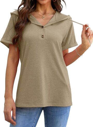 Hoodies for Women Trendy Short Sleeve Button Front V Neck Pullover Tunic Tops Fashion Clothing 2024 in Saudi Arabia