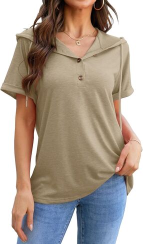 Hoodies for Women Trendy Short Sleeve Button Front V Neck Pullover Tunic Tops Fashion Clothing 2024 in Saudi Arabia