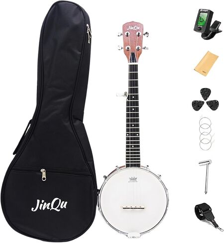 JinQu 5 String Banjo 26 بوصة، رأس طبلة ريمو، لوحة خلفية خشبية سابيلي مع مجموعة للمبتدئين، اختيار معدني * 3، اختيار * 3، سرج، خيط احتياطي، موالف، مفتاح طبل قابل للتعديل، حقيبة حمل مريحة؛ (طبيعي) in Kuwait