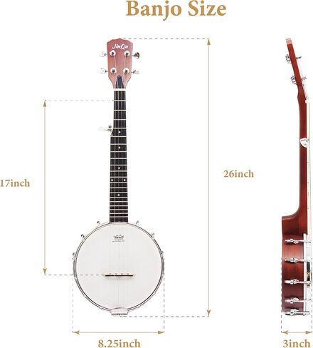 JinQu 5 String Banjo 26 بوصة، رأس طبلة ريمو، لوحة خلفية خشبية سابيلي مع مجموعة للمبتدئين، اختيار معدني * 3، اختيار * 3، سرج، خيط احتياطي، موالف، مفتاح طبل قابل للتعديل، حقيبة حمل مريحة؛ (طبيعي) in Kuwait