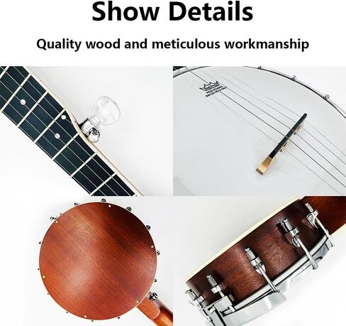 JinQu 5 String Banjo 26 بوصة، رأس طبلة ريمو، لوحة خلفية خشبية سابيلي مع مجموعة للمبتدئين، اختيار معدني * 3، اختيار * 3، سرج، خيط احتياطي، موالف، مفتاح طبل قابل للتعديل، حقيبة حمل مريحة؛ (طبيعي) in Kuwait