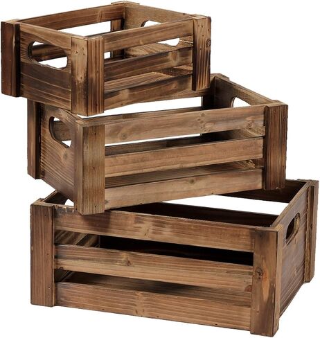 Farmhouse Wood Crate Box Set of 3, Distressed Wooden Crates for Display, Decorative Wood Storage Bins, Rustic Wooden Basket with Side Handles, Home Container Decor for Living Room Outdoor in Kuwait