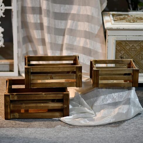 Farmhouse Wood Crate Box Set of 3, Distressed Wooden Crates for Display, Decorative Wood Storage Bins, Rustic Wooden Basket with Side Handles, Home Container Decor for Living Room Outdoor in Kuwait