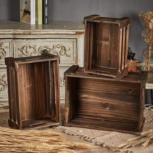 Farmhouse Wood Crate Box Set of 3, Distressed Wooden Crates for Display, Decorative Wood Storage Bins, Rustic Wooden Basket with Side Handles, Home Container Decor for Living Room Outdoor in Kuwait