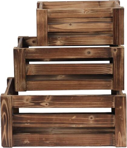 Farmhouse Wood Crate Box Set of 3, Distressed Wooden Crates for Display, Decorative Wood Storage Bins, Rustic Wooden Basket with Side Handles, Home Container Decor for Living Room Outdoor in Kuwait