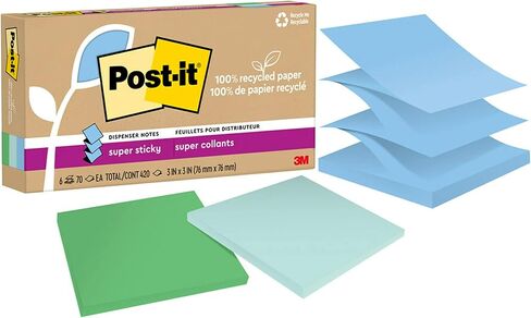 Post-it 100% Recycled Paper Super Sticky Pop-up Notes, 2X The Sticking Power, 3x3 in, 6 Pads, 70 Sheets/Pad, Oasis Collection (R330R-6SST) in Saudi Arabia