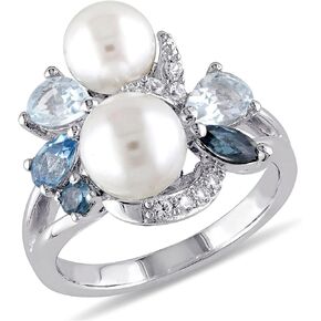 Reeds Blue Mixed Gemstone and White Freshwater Cultured Pearl Cluster Ring in Sterling Silver, Ring Size: 8 in Saudi Arabia