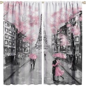 Eiffel Tower Curtain, Oil Painting Style Pink Paris Tower Couple Pattern Window Treatments 2 Panels Drapes for Bedroom Living Room Kitchen Decor 42x45in in Saudi Arabia