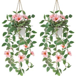 Folmywy Fake Hanging Plants 2 Pack Artificial Flower Decor Pink Hanging Flower Fake Potted Plant Faux Vines Greenery for Wall Decoration Shelf Indoor Outdoor Living Room Bedroom Office in Saudi Arabia