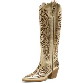 Women's Western Cowboy Boots Faux Leather Embroidered Pointed Toe Knee High Pull On Comfortable in Saudi Arabia