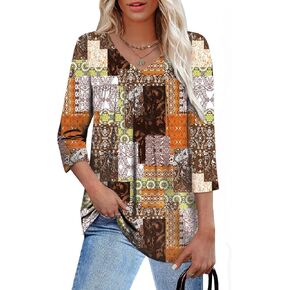 Lylinan Womens V Neck 3/4 Sleeve Tunic Shirts Casual Loose Fit Spring Summer Blouse Style Clothing S-XXL in Saudi Arabia