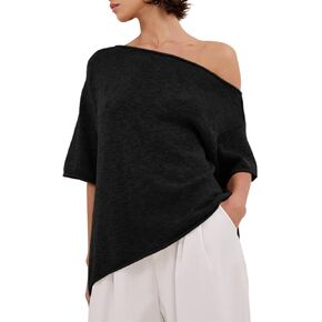 Womens Off The Shoulder Knit Tops Summer Short Sleeve Roll Hem Asymmetrical Linen T Shirts 2026 in Saudi Arabia