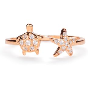 PERIMADE 925 Sterling Silver Turtle Starfish Ring Cubic Zirconia Sea Life Statement Band for Women, 18K Gold Plated Adjustable Open Crystal CZ Ocean Stacking Ring Cute Birthday Jewelry Gift in Saudi Arabia