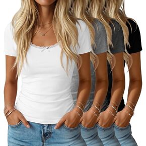Huukeay 4 Pack تي شيرتات نسائية قصيرة الأكمام دانتيل رقبة سكوب عادية سليم صالح بلايز جانبية Ruched الملابس Multipack in Kuwait