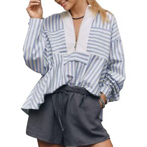 Women's Half Zip Striped Shirt Casual Ruffled Long Sleeve Oversized Loose Blouse Tops (Blue-XL) in Saudi Arabia