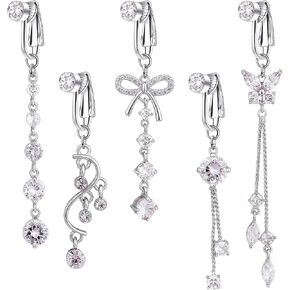 5Pcs Long Fake Belly Button Ring Clip-On - Navel Clip with Zirconia for Women, Ear Clips or Clip on Belly Button Rings Non Piercing for Beach Vacation Party Body Accessories in Saudi Arabia