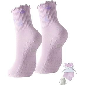 Yawlsow Cute Pilates Socks with Grips Yoga Grippy Socks Non-Slip Crew Embroidery Ruffle socks Barre Fitness Workout in Saudi Arabia