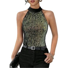 MakeMeChic Women's Sequin Halter Tops Sparkly Tie Back Sleeveless Business Blouse in Saudi Arabia