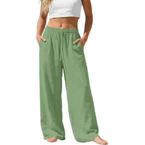Women's Linen Wide Leg Pants Summer Casual Flowy Drawstring Elastic Waist Trousers with Pocket for Travel Office Beach in Saudi Arabia