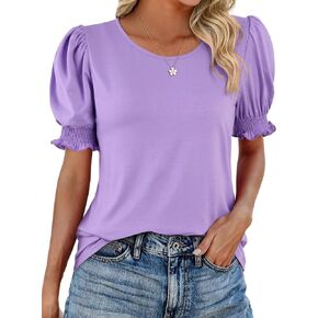 LilyCoco Women Curved Hem Puff Sleeve Tops Casual Elegant Crew Neck T Shirts in Saudi Arabia
