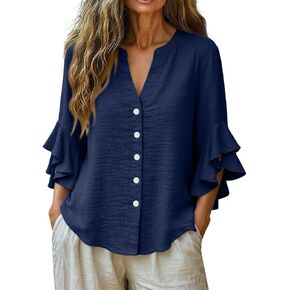 Womens Double Ruffle Sleeve Tops Dressy Casual V-Neck Loose Fit Tshirts Fashion Spring Summer Tunics in Saudi Arabia