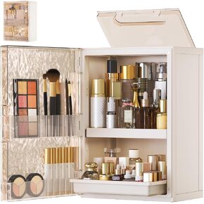 HAIXIN Makeup Organizer with Drawer & Brush Holder, Plastic Cosmetic Display Cases, Large Vanity Organizer Countertop Waterproof for Skincare, Perfume, Bathroom & Dresser (White & Amber) in Saudi Arabia