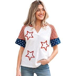 Women's Fiery Red Star Patchwork V-Neck Top – Casual Striped Short Sleeve Summer Shirt in Saudi Arabia